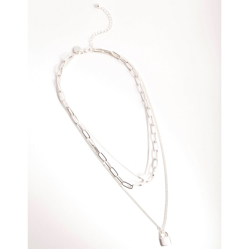 Silver Short Mini Padlock 3-Row Necklace