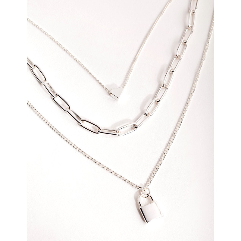 Silver Short Mini Padlock 3-Row Necklace