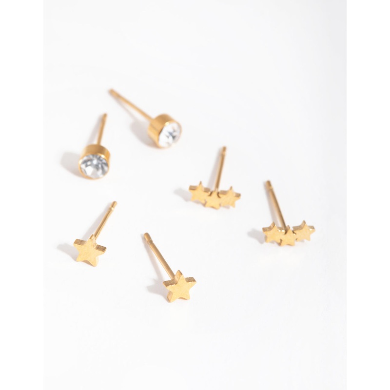 24 Carat Gold Plated Titanium Star Pack Stud Earrings