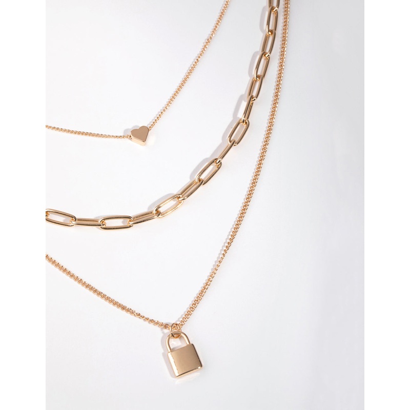 Gold Short Mini Padlock 3-Row Necklace