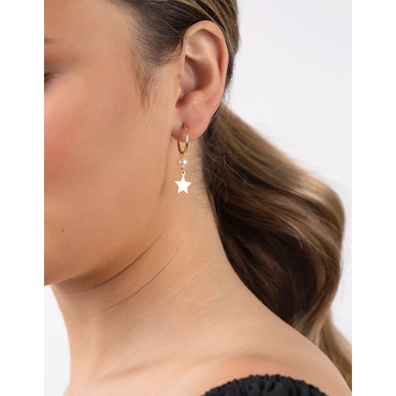 Gold Plated Sterling Silver Pearl Star Drop Earrings