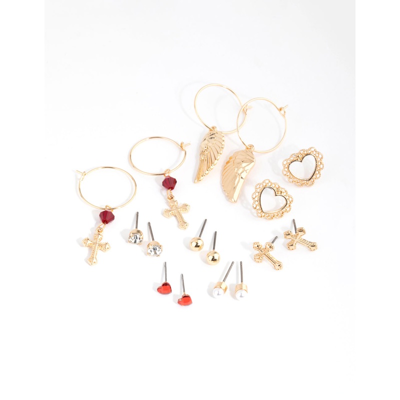 Gold Cross & Wings Earring 8-Pack
