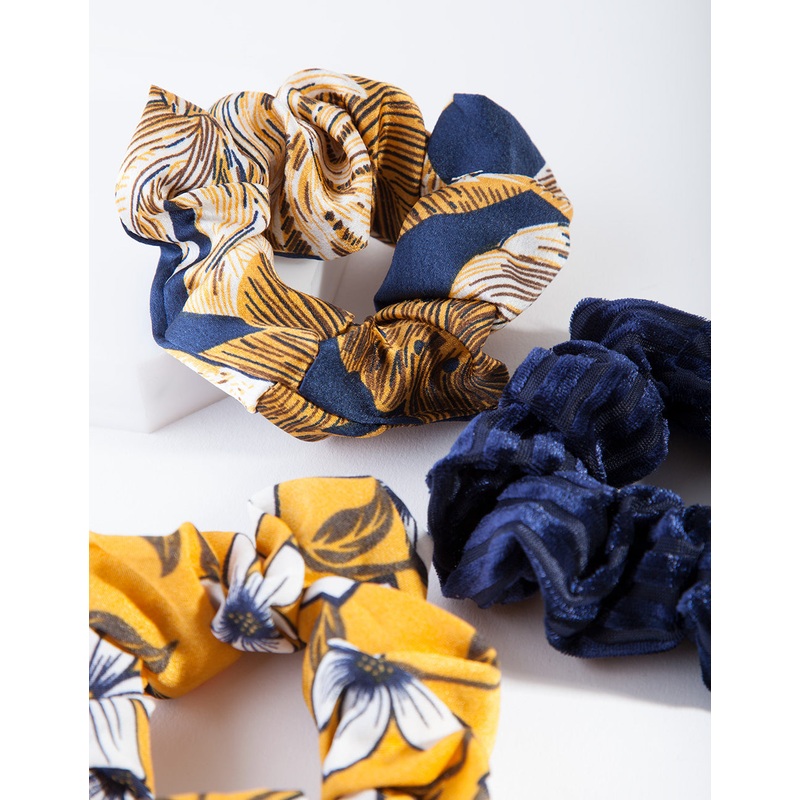 Navy Mustard Floral Scrunchie Pack