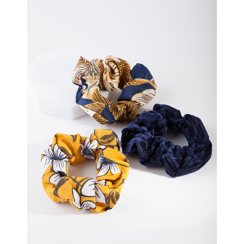 Navy Mustard Floral Scrunchie Pack