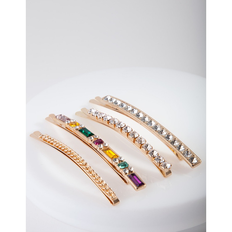 Gold Long Multi Jewel Hair Pins 4-Pack