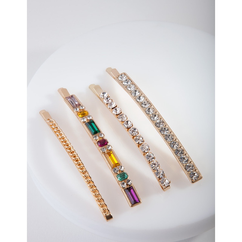 Gold Long Multi Jewel Hair Pins 4-Pack