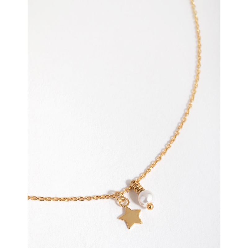 Gold Plated Sterling Silver Pearl & Star Charm Necklace