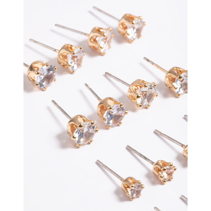 Gold Classic Diamante Studs 8-Pack