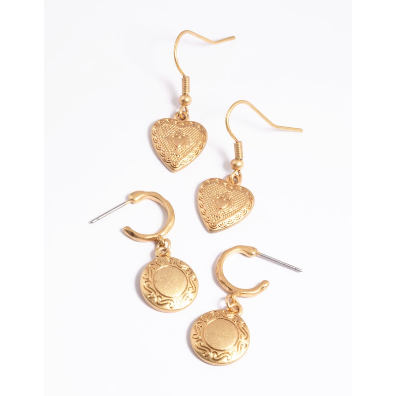 Worn Gold Antique Heart & Disc Earrings Pack