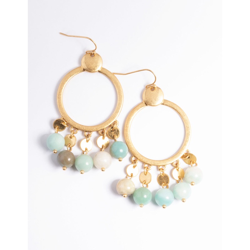 Worn Gold Disc Semi-Precious Ball Large Earrings