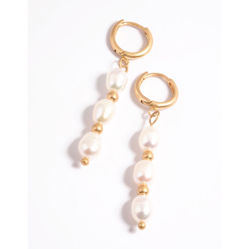 Worn Gold Freshwater Pearl Drop Huggie Earrings