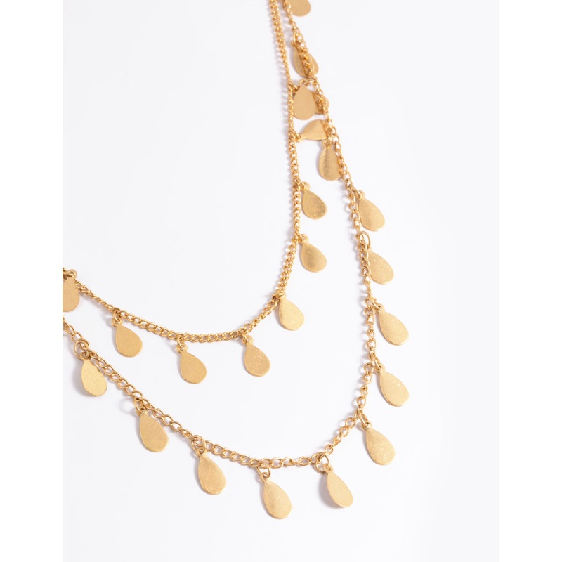 Worn Gold Multi Disc Drop 2 Layer Necklace