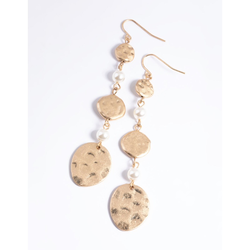 Worn Gold Pearl & Textured Disc Drop Earrings