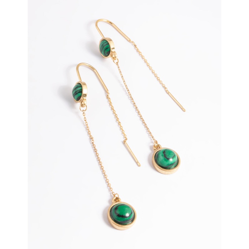 Worn Gold Round Green Stone Threader Earrings