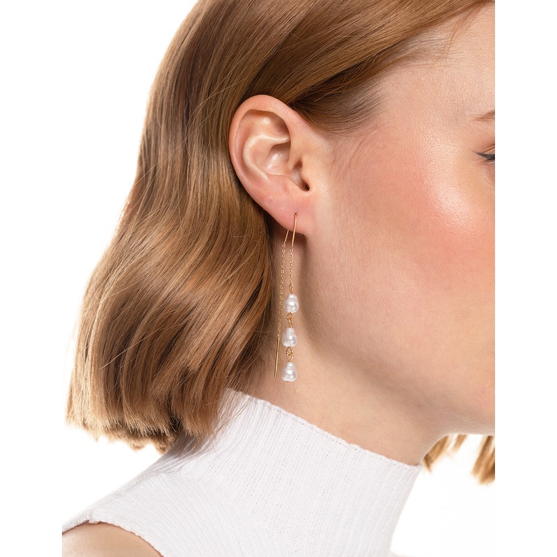 Worn Gold Three Pearl Threader Earrings