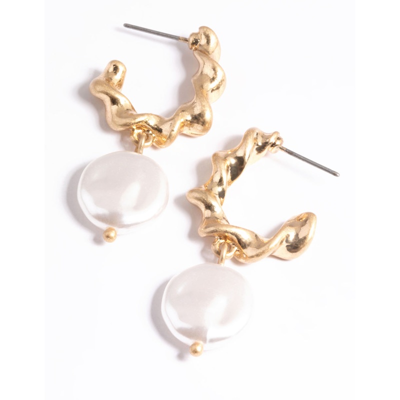 Worn Gold Twist Hoop Pearl Drop Earrings