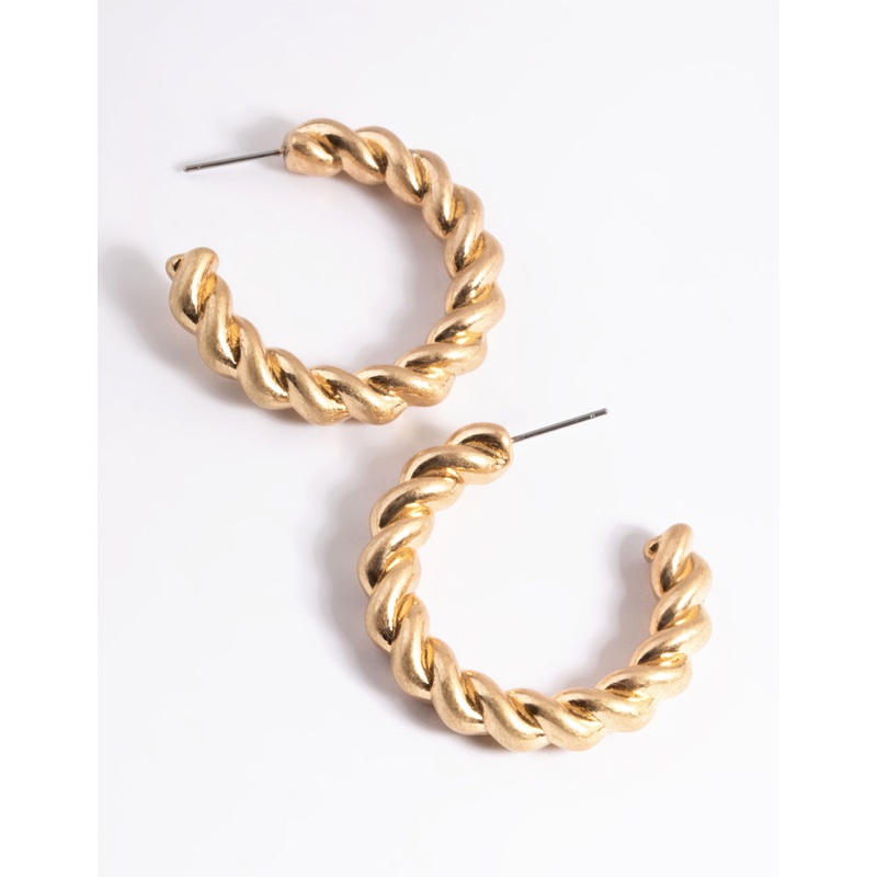 Worn Gold Twisted Medium Hoop Earrings