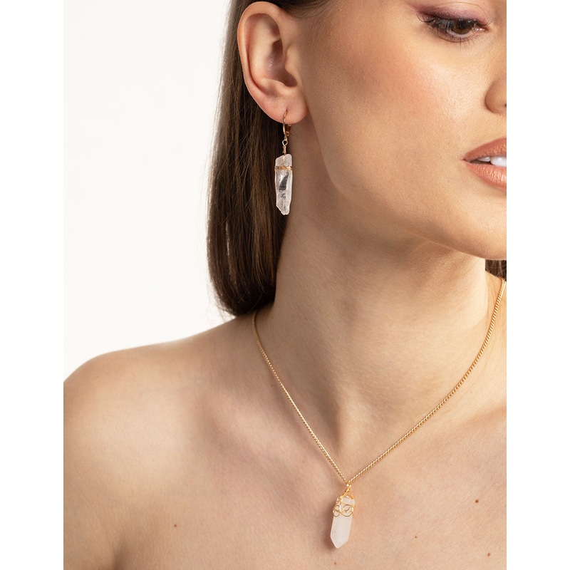 Gold Clear Quartz Raw Shard Huggie Earrings