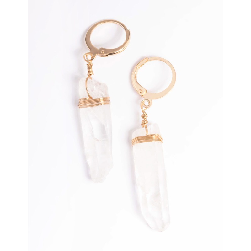 Gold Clear Quartz Raw Shard Huggie Earrings
