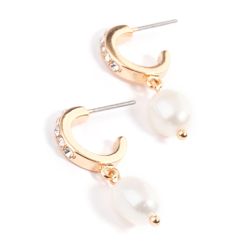 Gold Diamante & Freshwater Pearl Drop Huggie Earrings