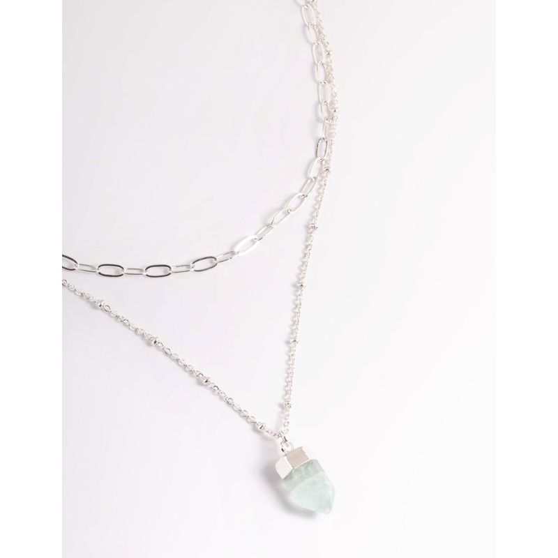 Silver Green Fluorite Shard Oval Layered Necklace