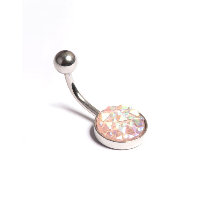Surgical Steel Round Textured Crystal Belly Ring
