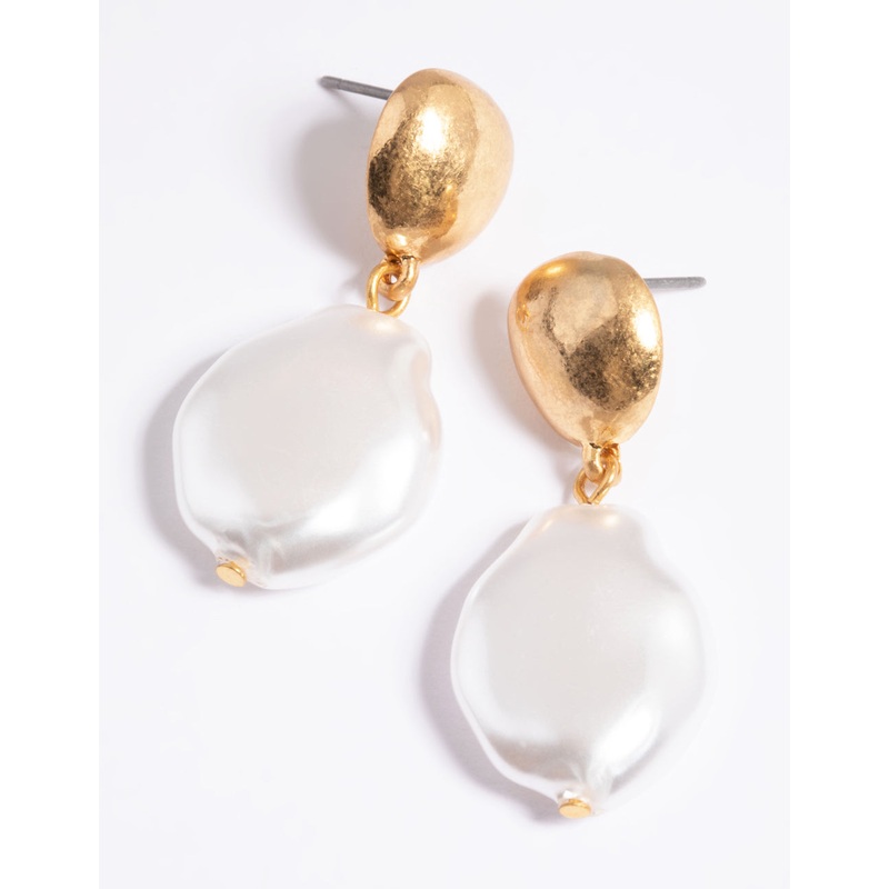 Worn Gold Dome Pearl Drop Earrings
