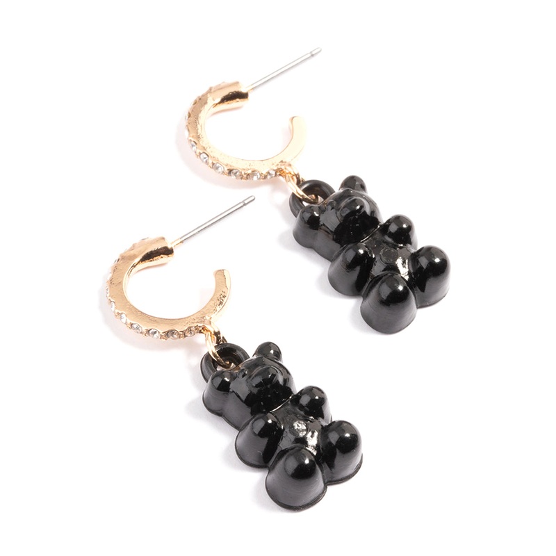 Gold Diamante Black Lolly Bear Earrings