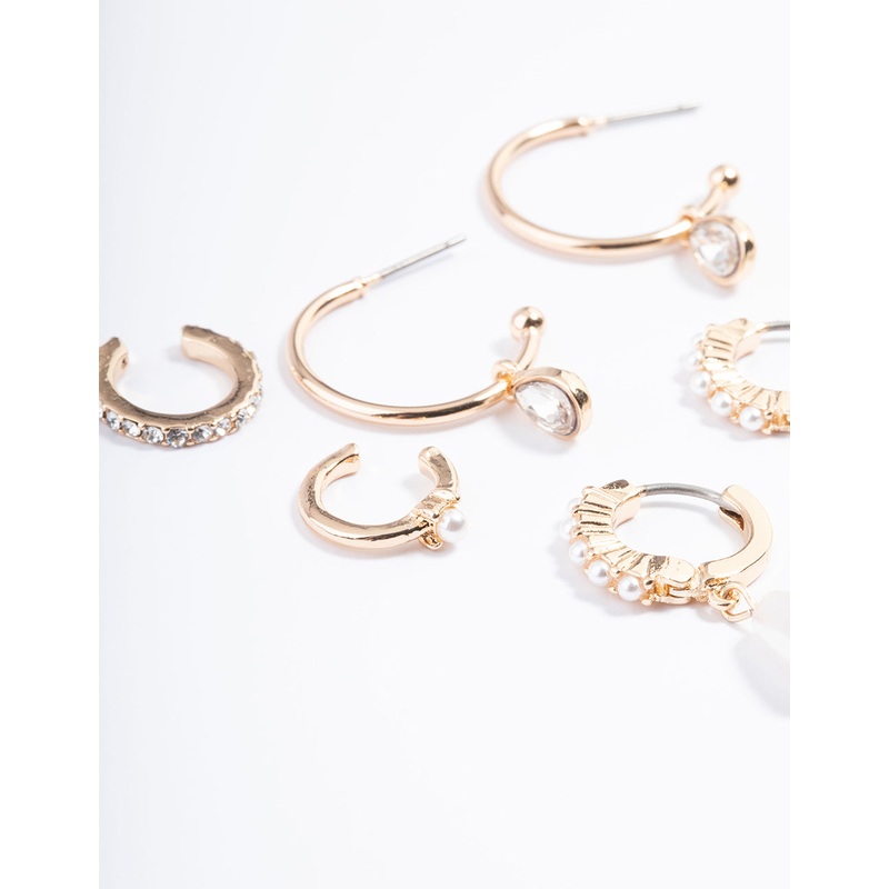 Gold Pearl Diamante Cuff & Hoop Earring Pack