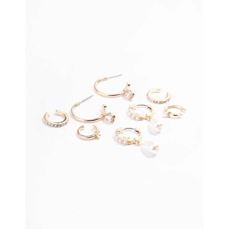 Gold Pearl Diamante Cuff & Hoop Earring Pack
