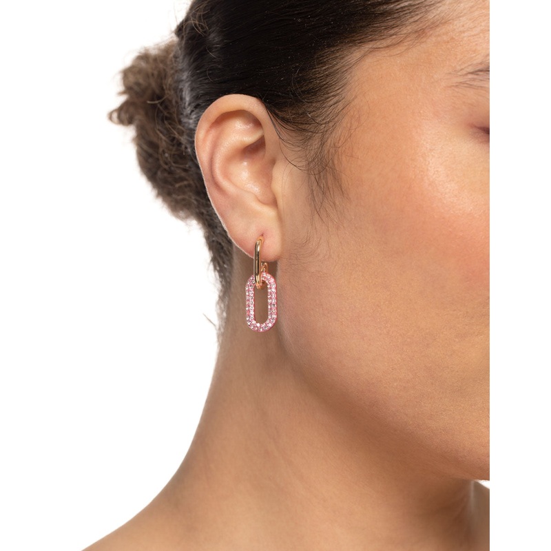 Gold Pink Link Drop Hoop Earrings