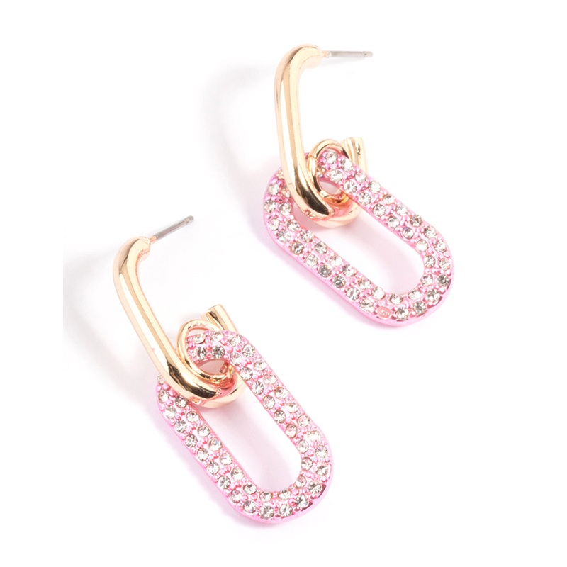 Gold Pink Link Drop Hoop Earrings
