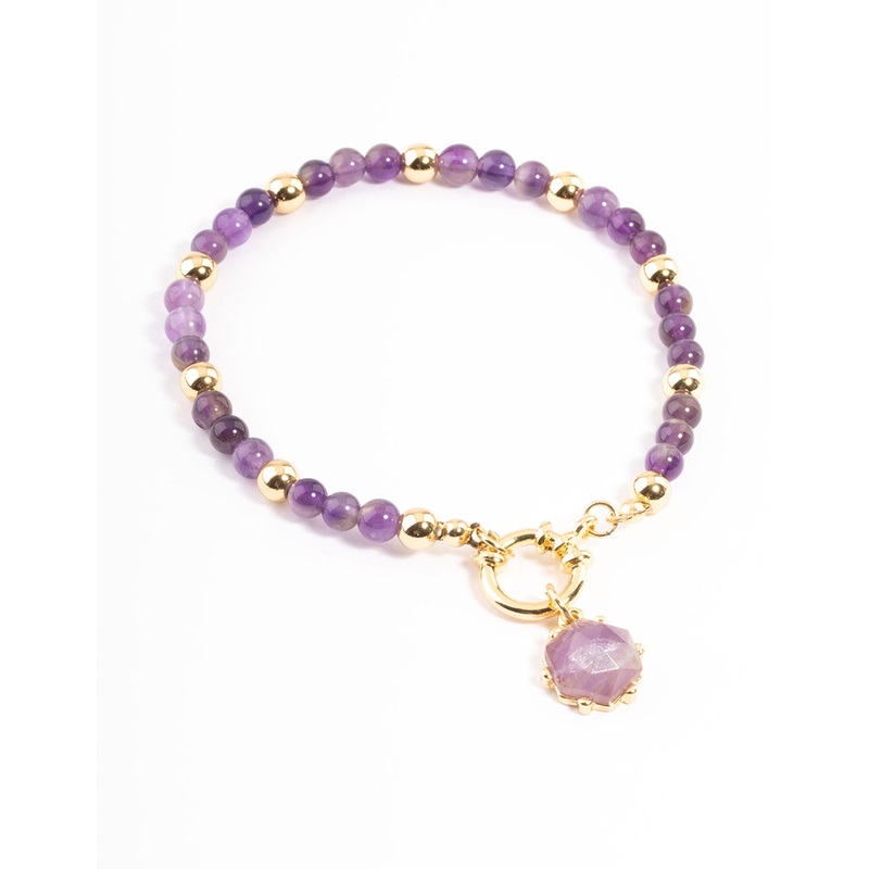 Gold Plated Amethyst Ball Bead Stretch Bracelet