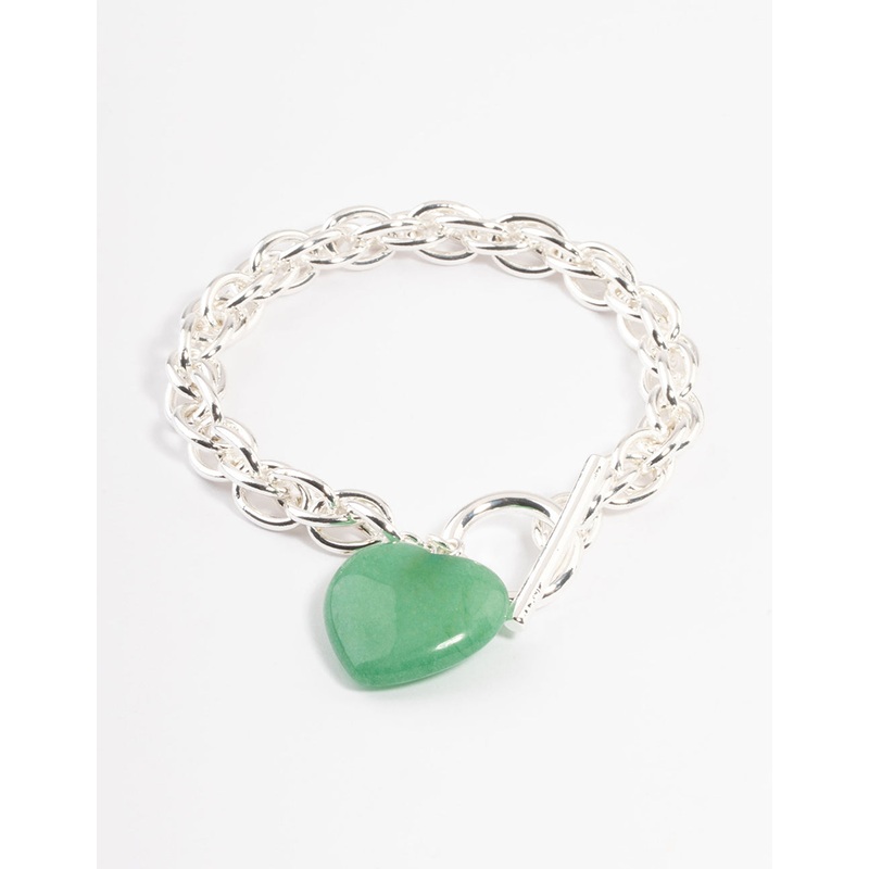 Silver Plated Green Aventurine Statement Heart T&O Bracelet