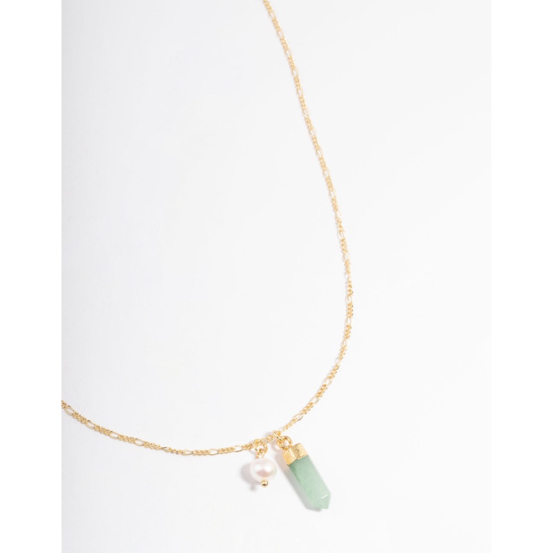 Gold Plated Green Aventurine Freshwater Pearl Figaro Necklace