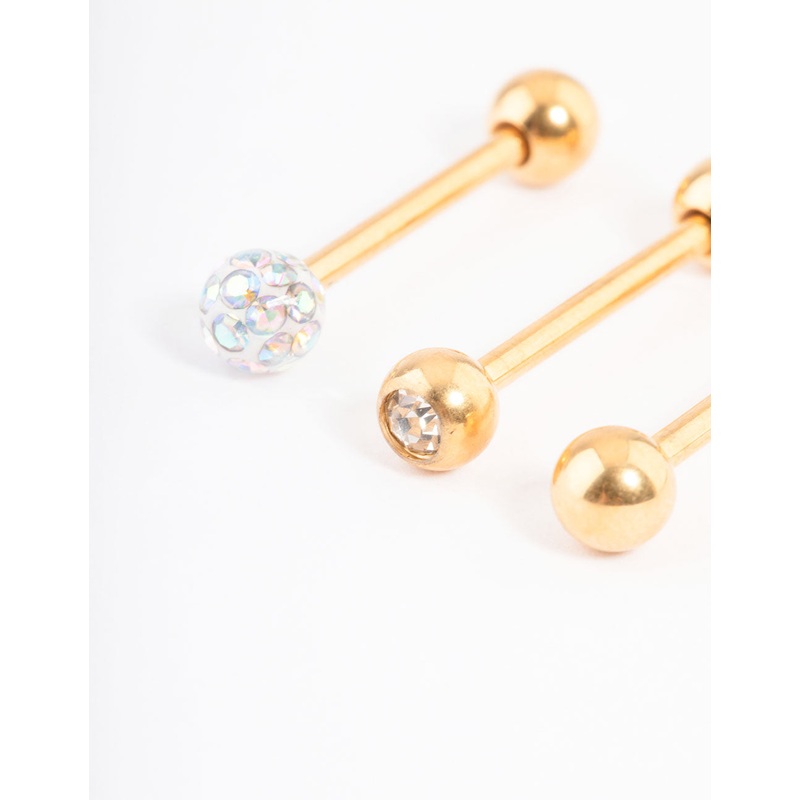 Gold Plated Titanium Pave Ball Tongue Piercing Pack