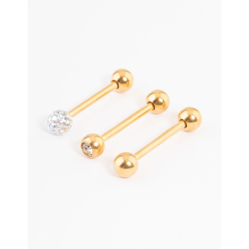 Gold Plated Titanium Pave Ball Tongue Piercing Pack
