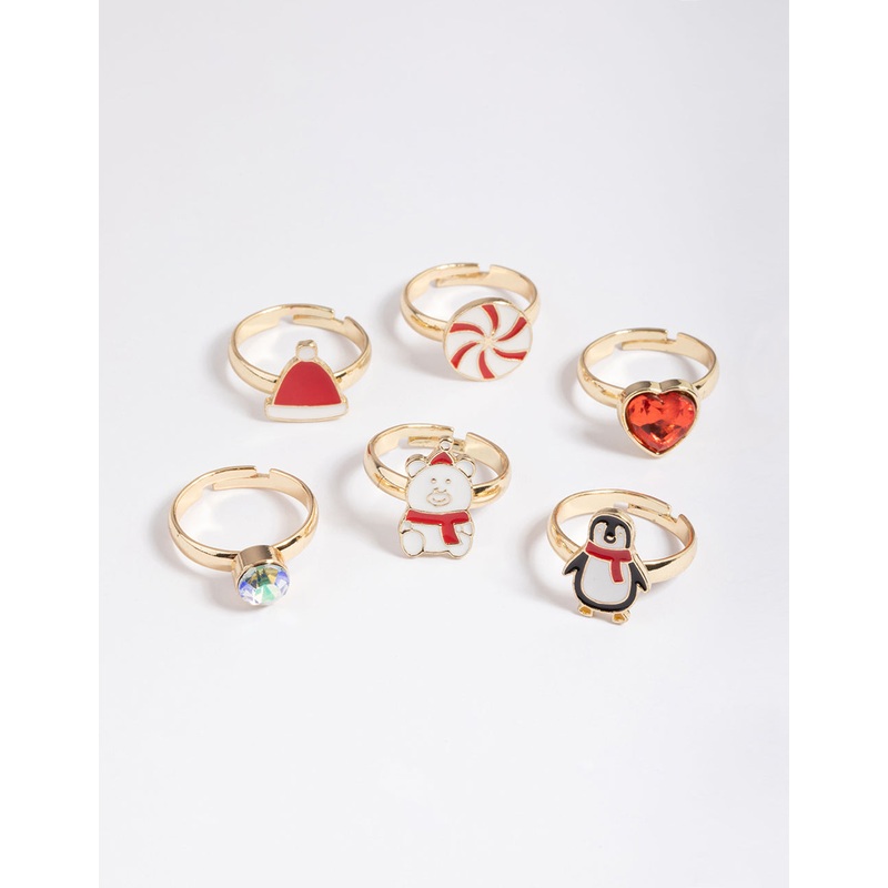Kids Gold Bear & Penguin Ring 6-Pack