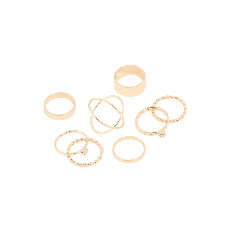 Gold Thick & Diamante Stack Ring 8-Pack