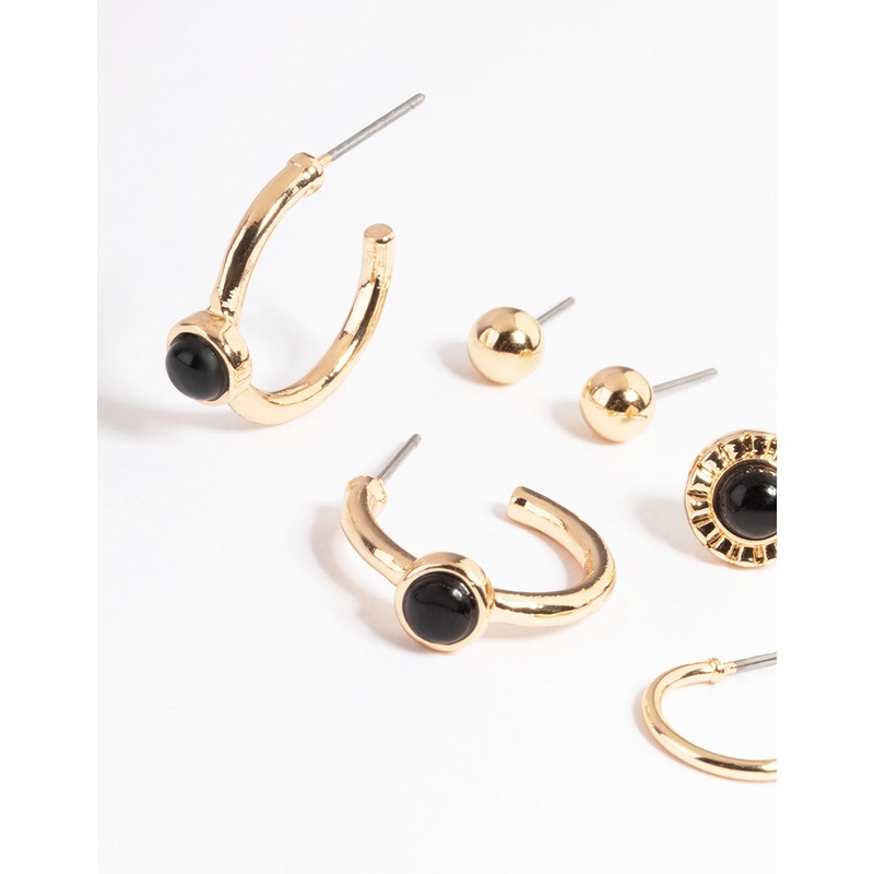 Gold Black Onyx Disc Stack Earring Pack
