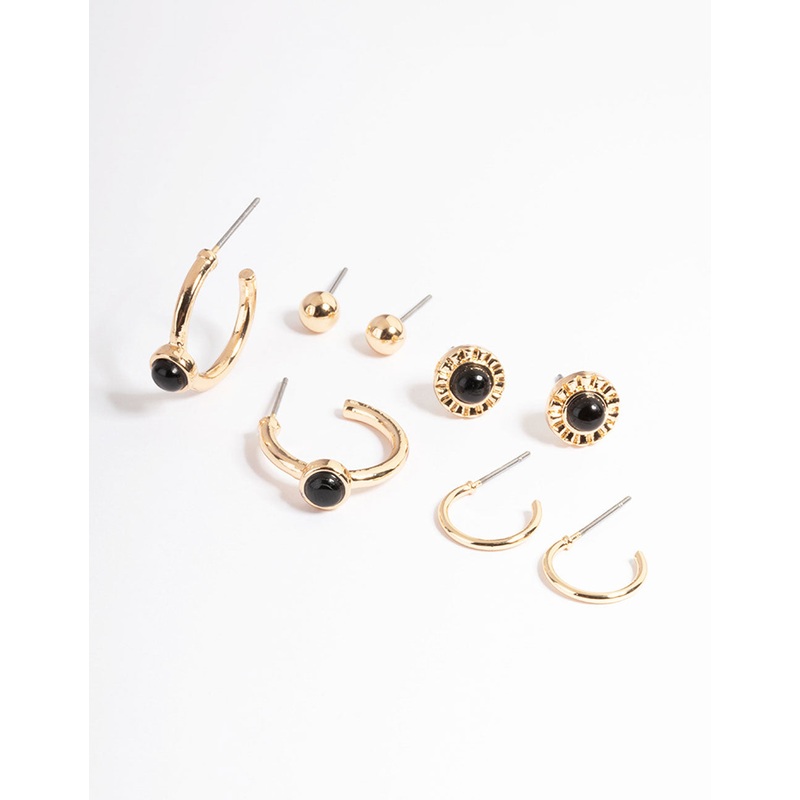 Gold Black Onyx Disc Stack Earring Pack