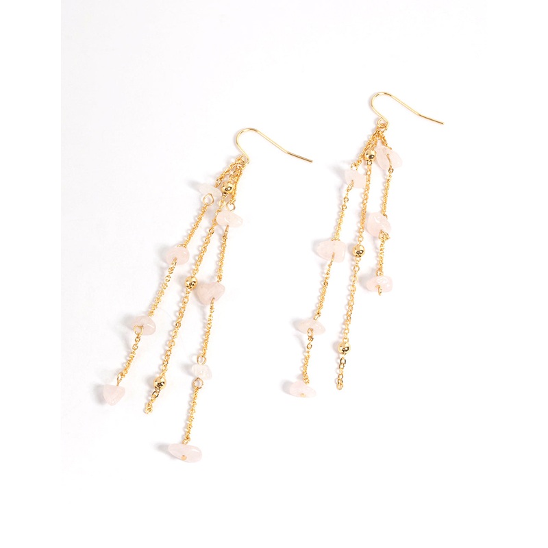 Gold Plated Rose Quartz Fine Chain Drop Earrings