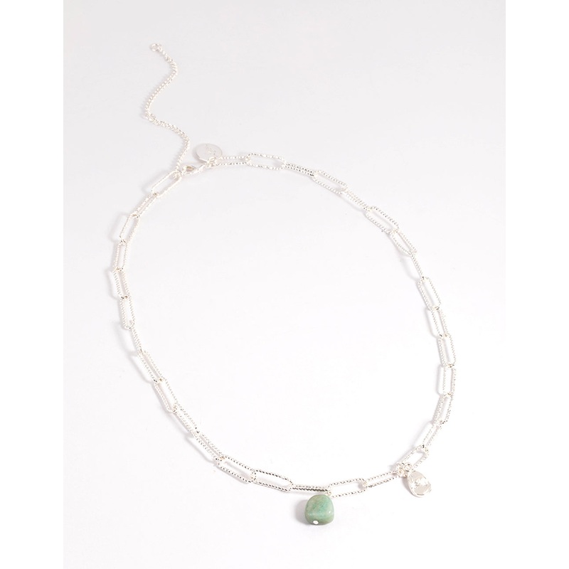 Silver Plated Amazonite Diamante Oval Chain Necklace