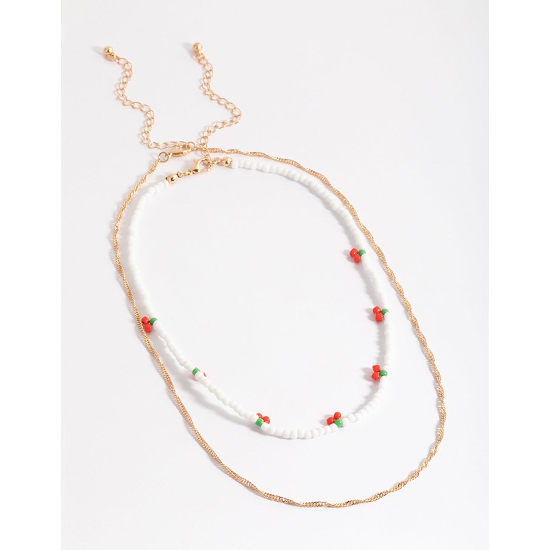 Gold Cherry White Bead 2-Row Necklace