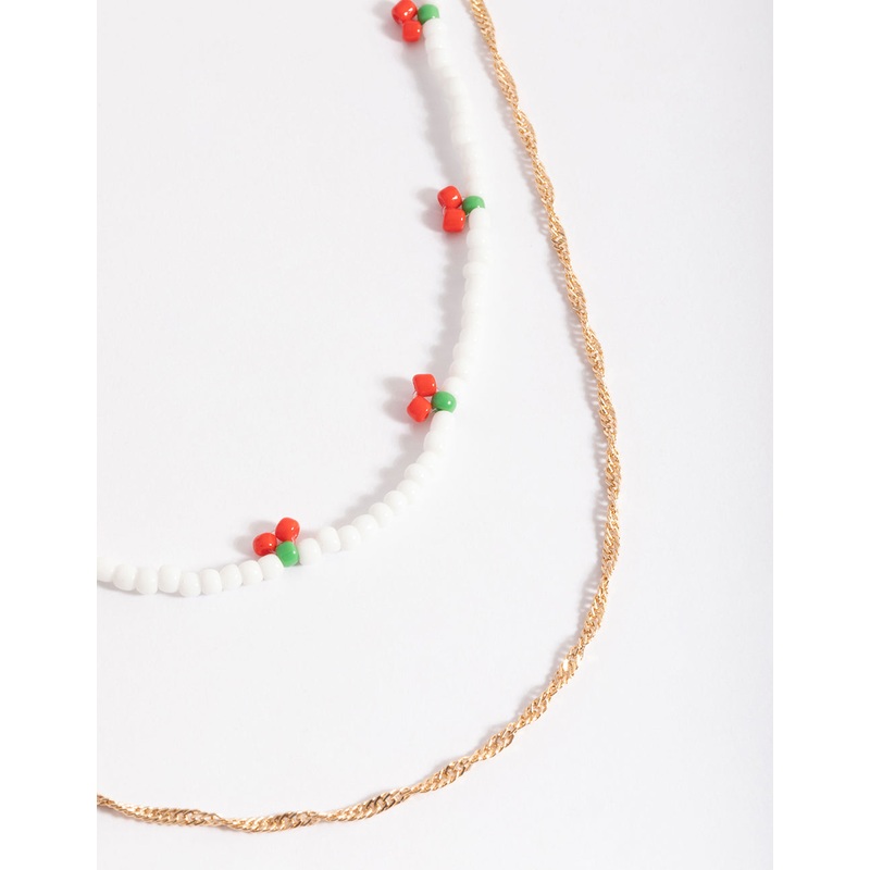 Gold Cherry White Bead 2-Row Necklace