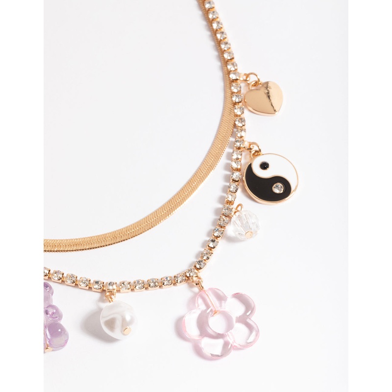 Gold Mixed Flower Charm 3-Row Necklace