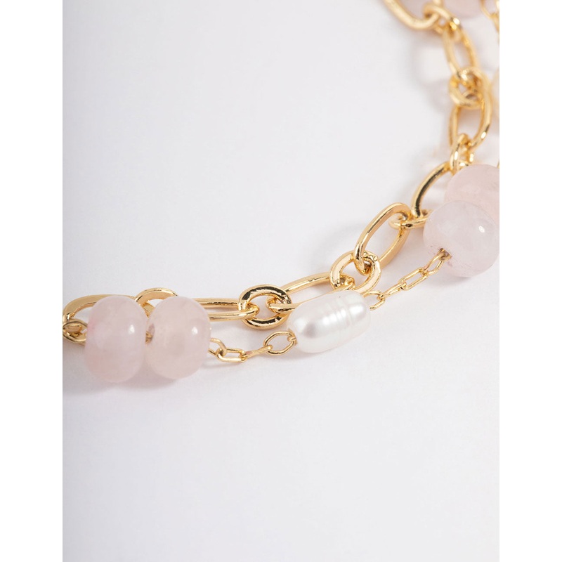 Gold Plated Rose Quartz Freshwater Pearl Double Row Chain Bracelet
