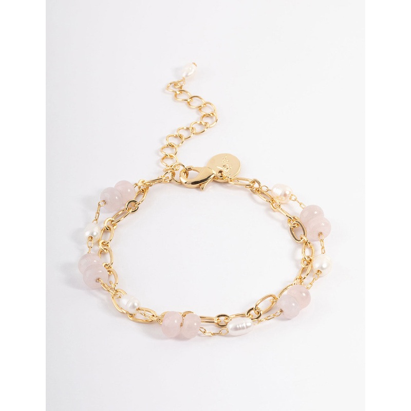 Gold Plated Rose Quartz Freshwater Pearl Double Row Chain Bracelet