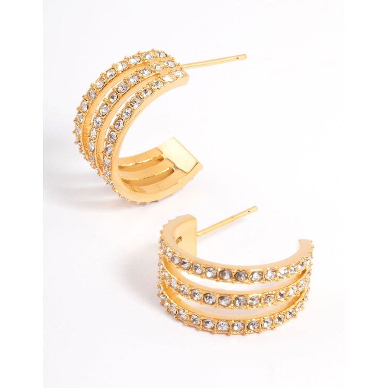 Waterproof Gold Plated Stainless Steel Diamante Three Hoop Earrings