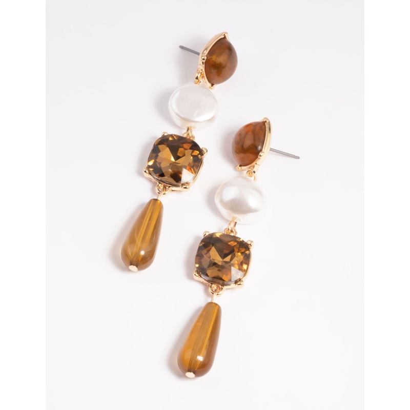 Brown Pearl & Diamante Mixed Drop Earrings